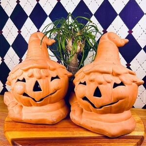 Pair Terracotta Jack-O’-Lantern Candle Holder‎